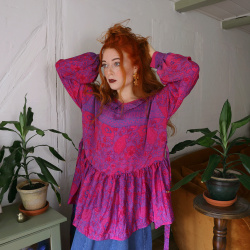 Recycled Hot Pink &amp; Blue Boho Blouse | L