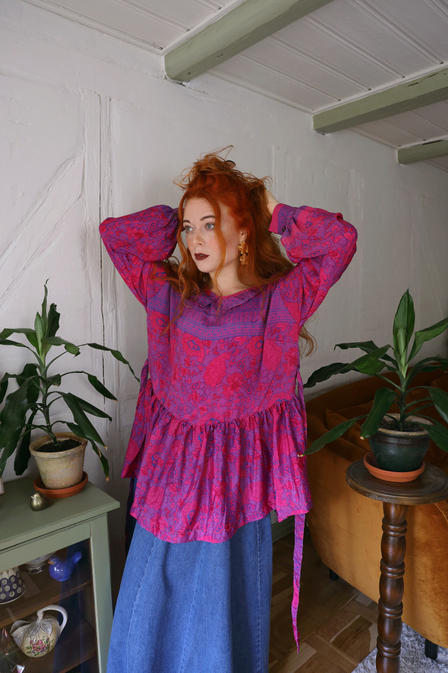 Recycled Hot Pink &amp; Blue Boho Blouse | L