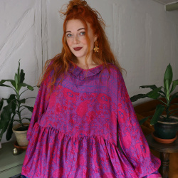 Recycled Hot Pink &amp; Blue Boho Blouse | L