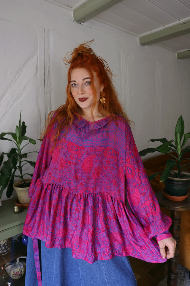 Recycled Hot Pink &amp; Blue Boho Blouse | L
