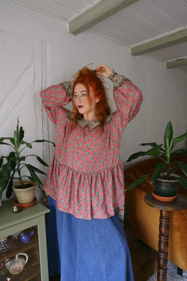 Recycled Pale Pink Pattern Boho Blouse | L
