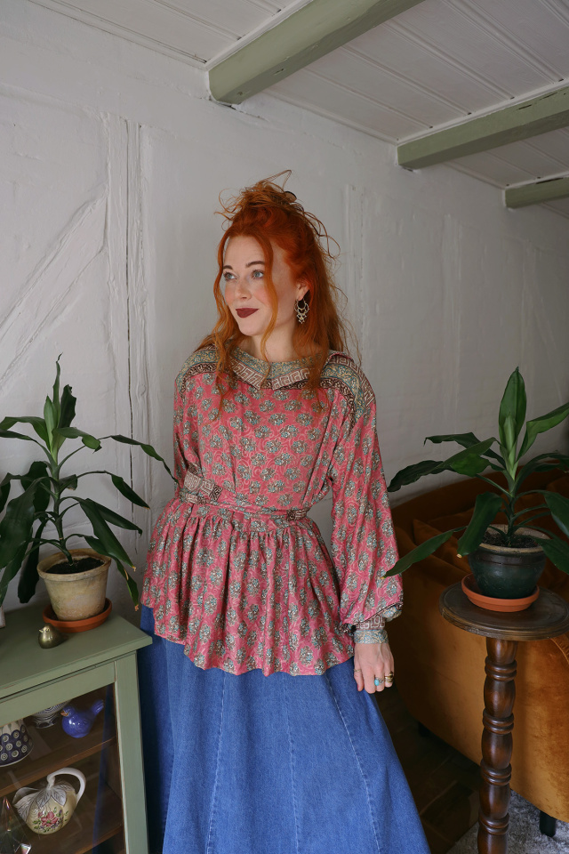 Recycled Pale Pink Pattern Boho Blouse | L