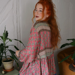 Recycled Pale Pink Pattern Boho Blouse | L