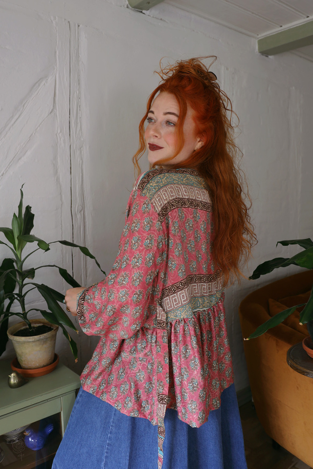 Recycled Pale Pink Pattern Boho Blouse | L