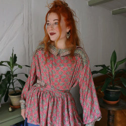 Recycled Pale Pink Pattern Boho Blouse | L