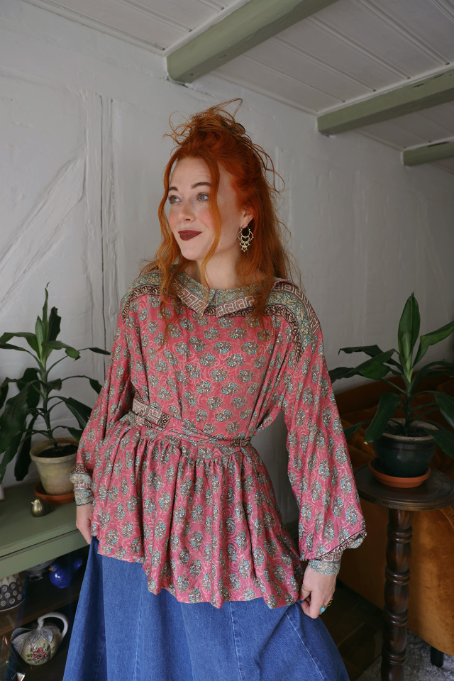 Recycled Pale Pink Pattern Boho Blouse | L