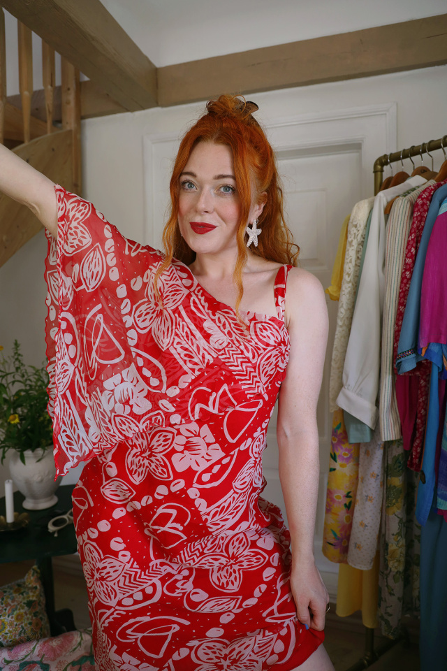 Red Asymmetric 90's Vintage Dress | S