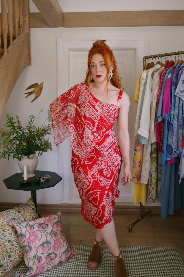 Red Asymmetric 90's Vintage Dress | S