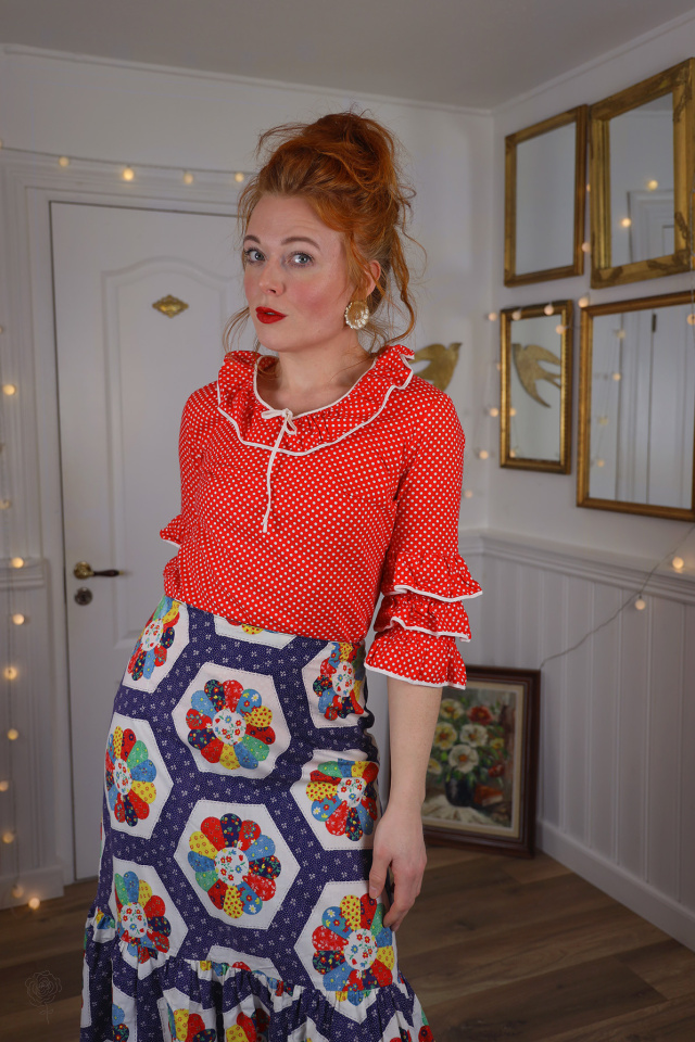 Red Dot Frill 70's Vintage Blouse | S