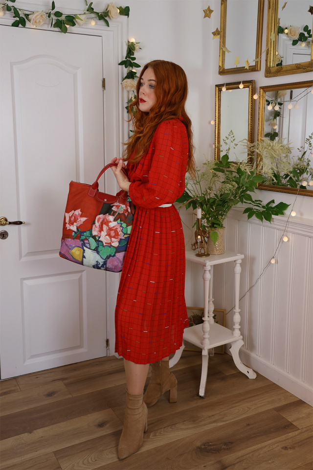 Square Pattern Red 80's Dress | M