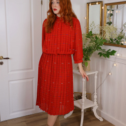 Square Pattern Red 80's Dress | M
