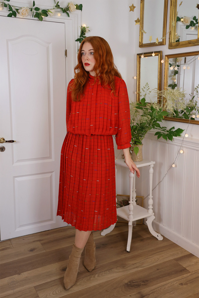 Square Pattern Red 80's Dress | M