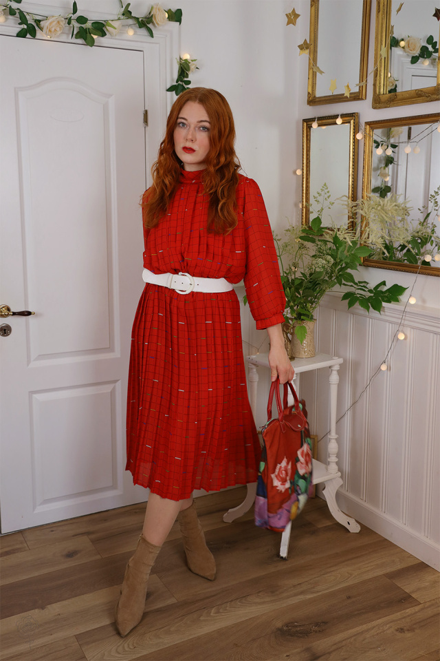 Square Pattern Red 80's Dress | M