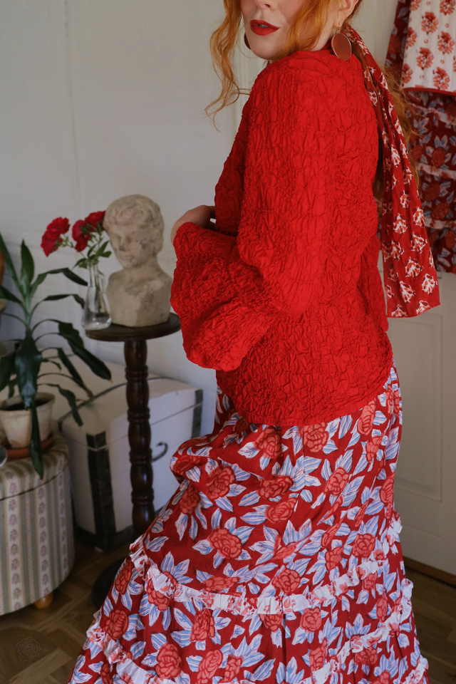 Red Elegant Stretchy Vintage Blouse | S