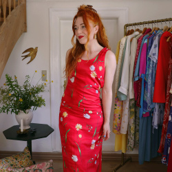 Red Floral Straight Cut 90's Dress | S