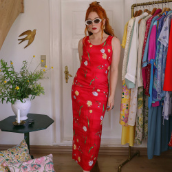 Red Floral Straight Cut 90's Dress | S