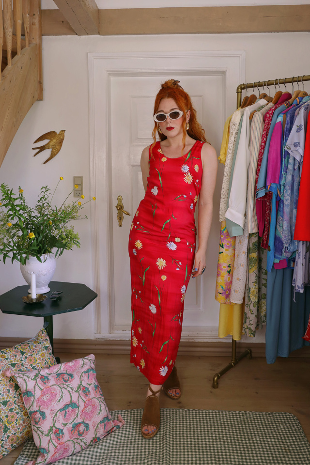 Red Floral Straight Cut 90's Dress | S