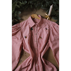 Red & White Striped Embroidered Vintage Blouse | M