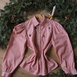 Red &amp; White Striped Embroidered Vintage Blouse | M