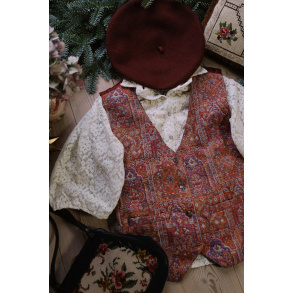 Red Tapestry Pattern Vintage Waistcoat | S/M