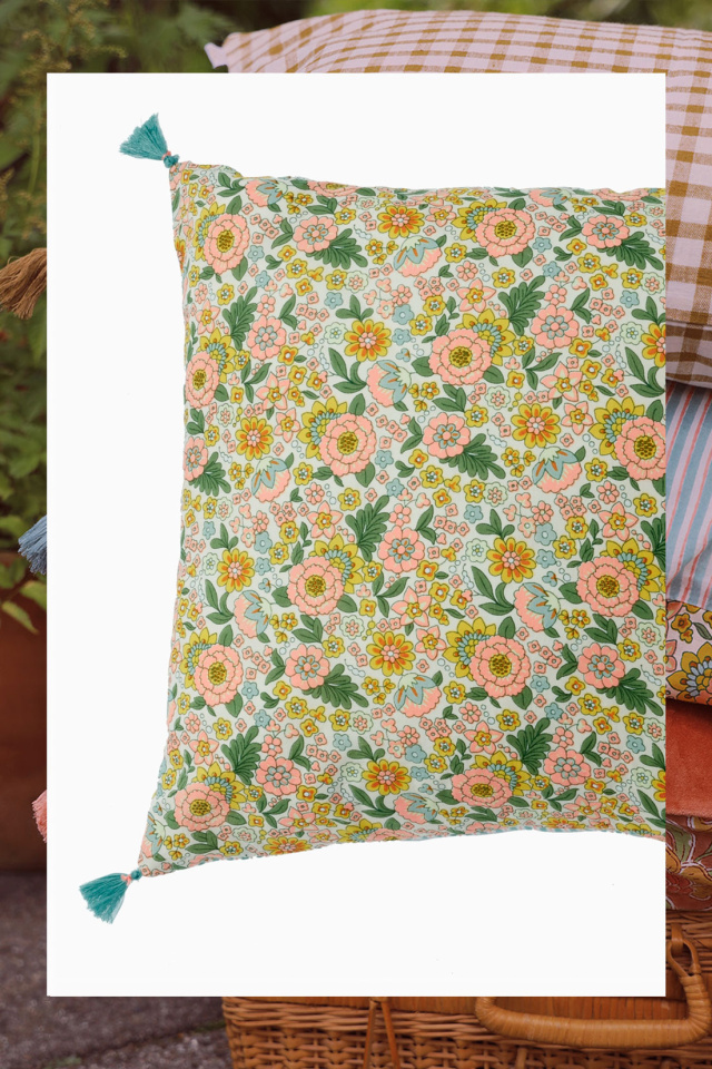 Retro Floral &amp; Blue Stripy Cotton Pillow Cover