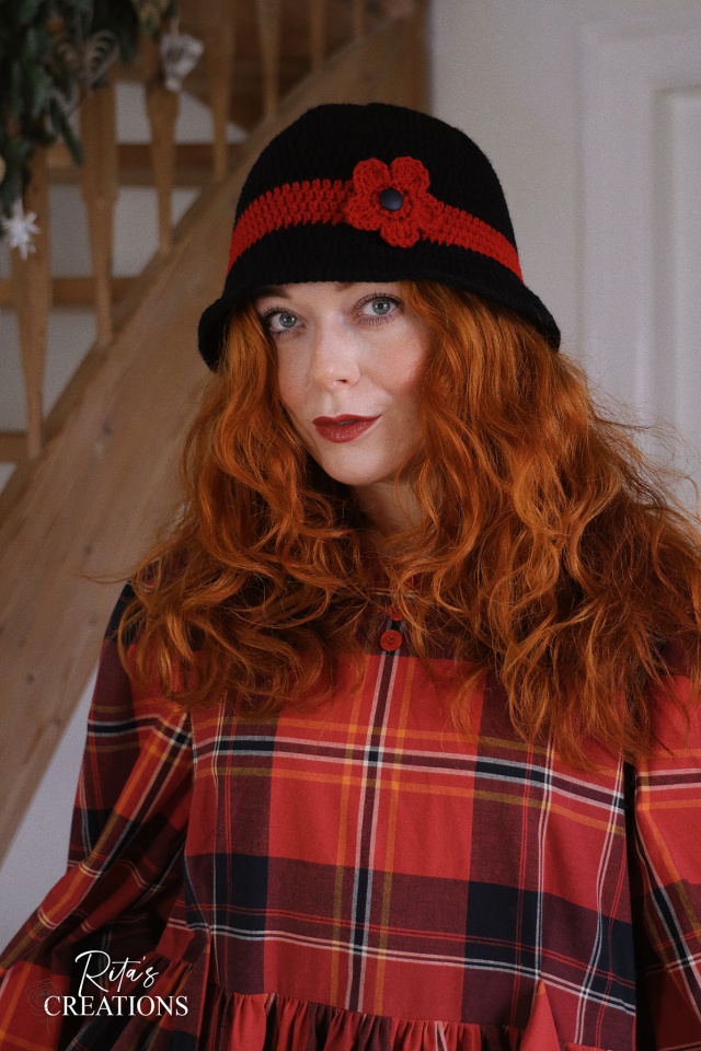 Rita's Black Red Floral Crochet Hat