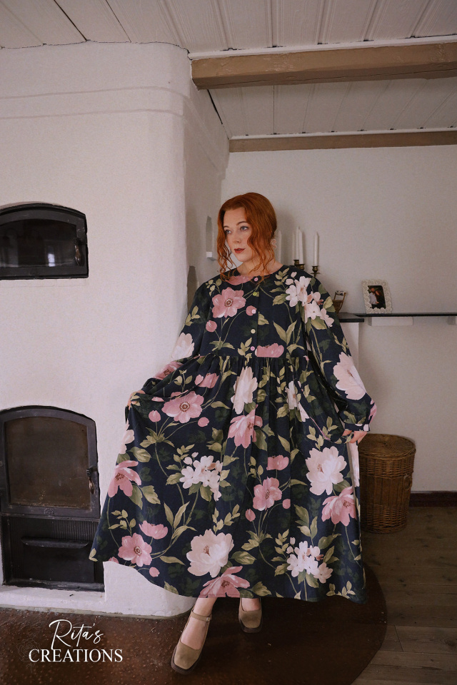 Rita's Dark Blue Rose Floral Recycled Dress | L