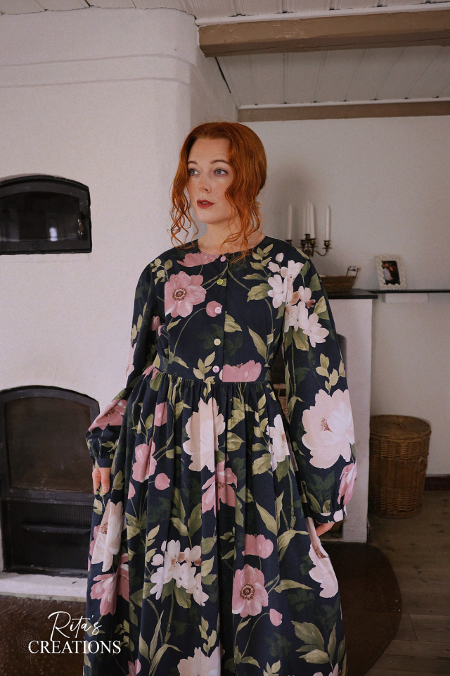 Rita's Dark Blue Rose Floral Recycled Dress | L