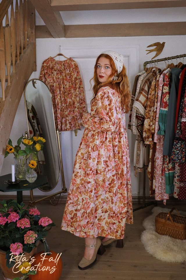 Rita's Warm Orange Brown Floral Fall Dress | L