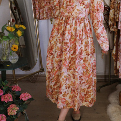 Rita's Warm Orange Brown Floral Fall Dress | L