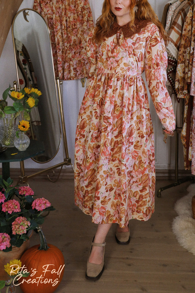 Rita's Warm Orange Brown Floral Fall Dress | L
