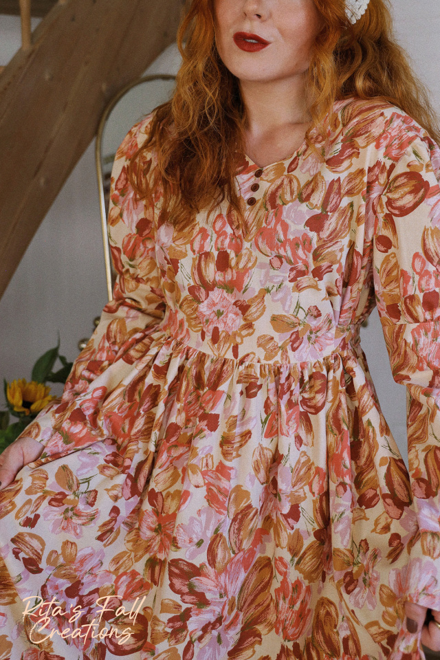 Rita's Warm Orange Brown Floral Fall Dress | L