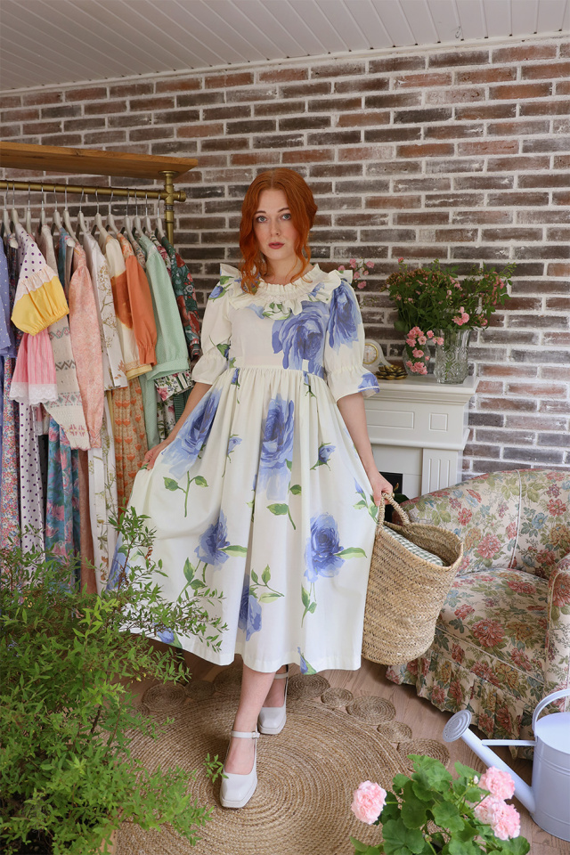 Rita's Blue Rose Recycled Handmade Dress | S