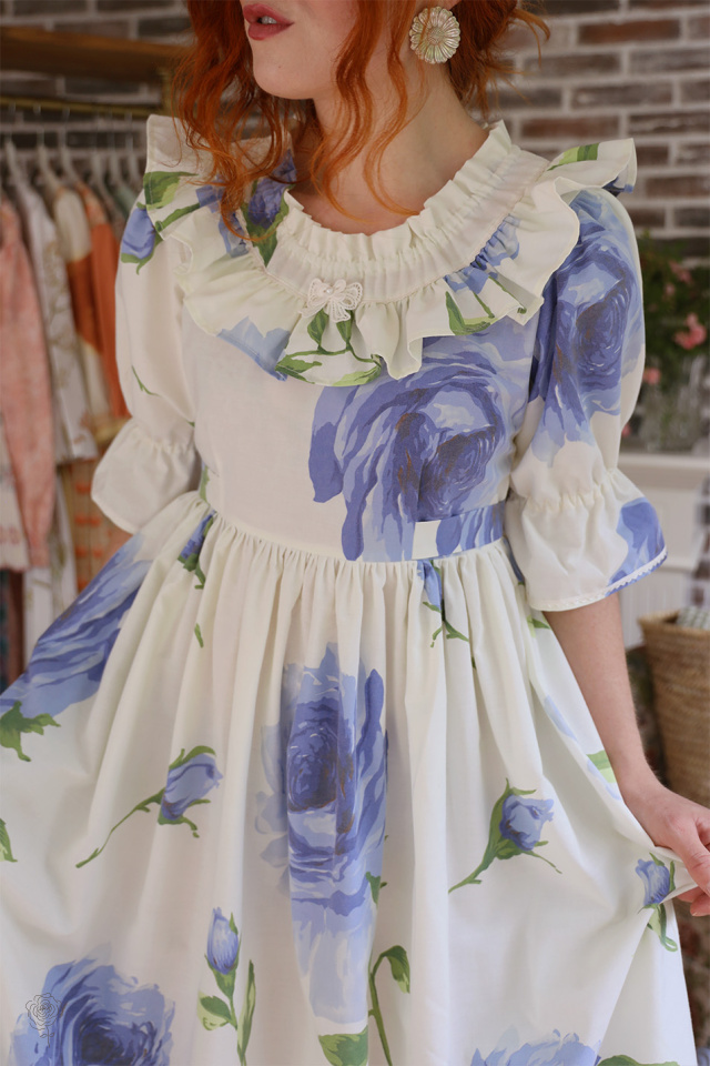 Rita's Blue Rose Recycled Handmade Dress | S