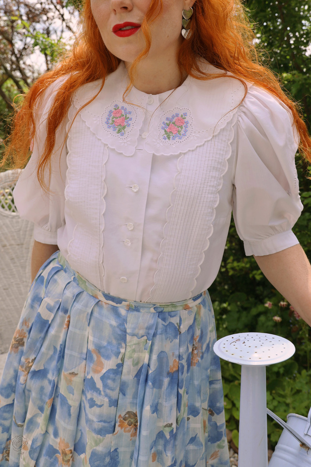 Blue Watercolour Floral Vintage Skirt | M