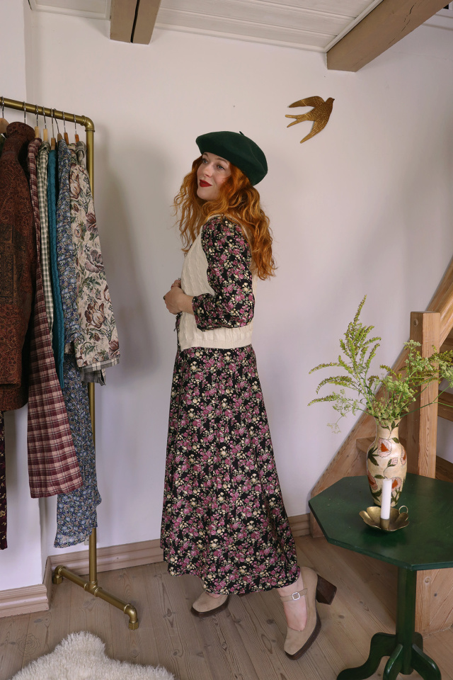 Romantic Purple Floral Vintage Dress | L/XL 