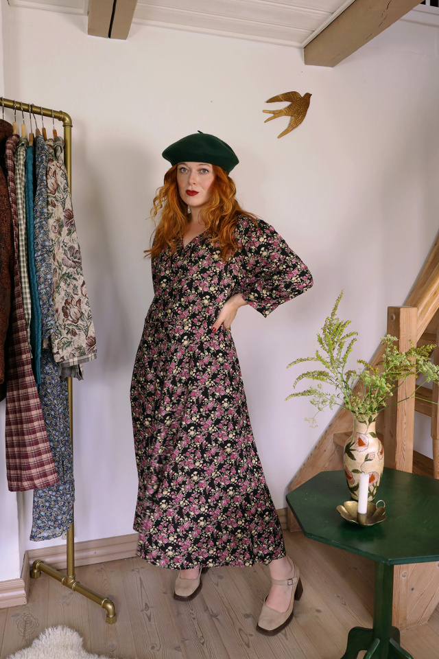 Romantic Purple Floral Vintage Dress | L/XL 