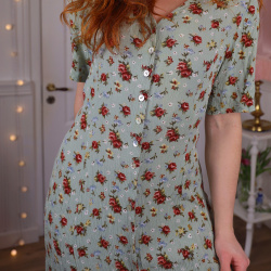 Light Green Red Floral 90's Vintage Dress | M