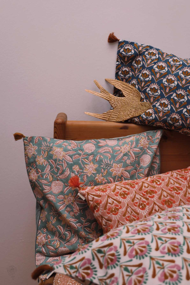 Sage Green Velvet &amp; Block Print Cushion Cover