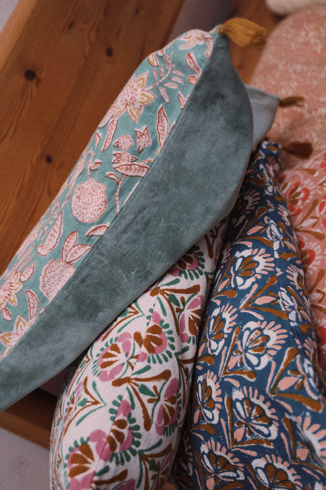 Sage Green Velvet &amp; Block Print Cushion Cover