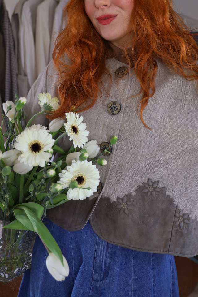 Linen Leather Floral Vintage Jacket | M/L