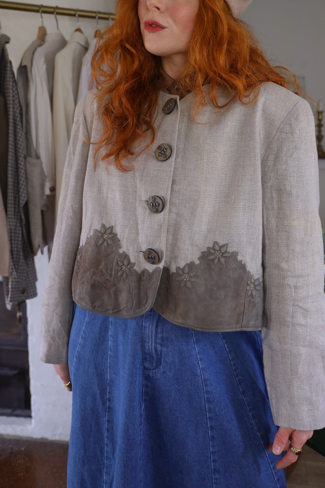 Linen Leather Floral Vintage Jacket | M/L