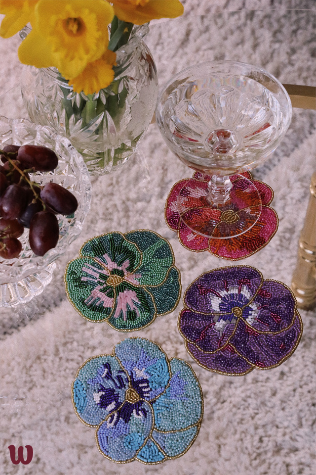 Set of 4 Beaded Pansy Coasters 