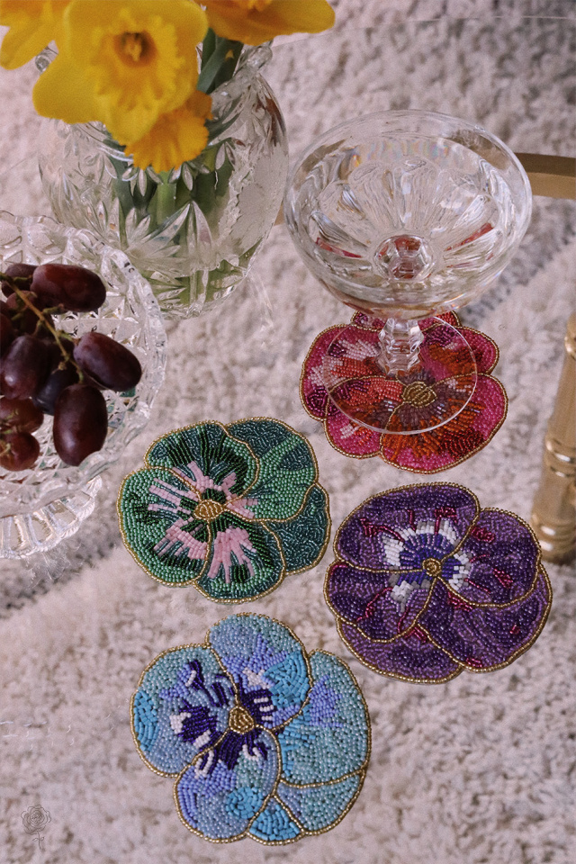 Set of 4 Beaded Pansy Coasters 