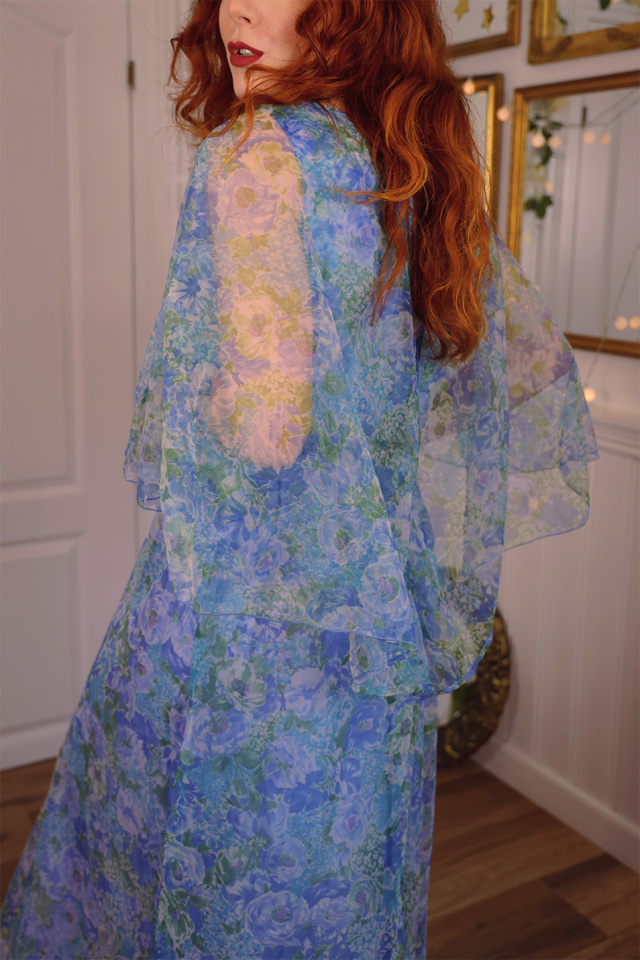 Blue &amp; Green Floral 70's Gown | S/M