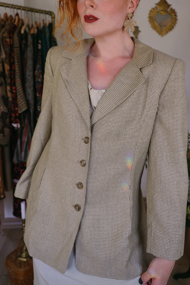 Beige Small Houndstooth Vintage Blazer | M