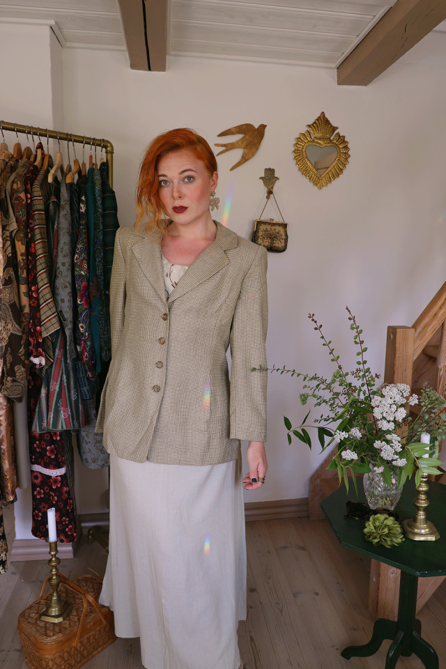 Beige Small Houndstooth Vintage Blazer | M