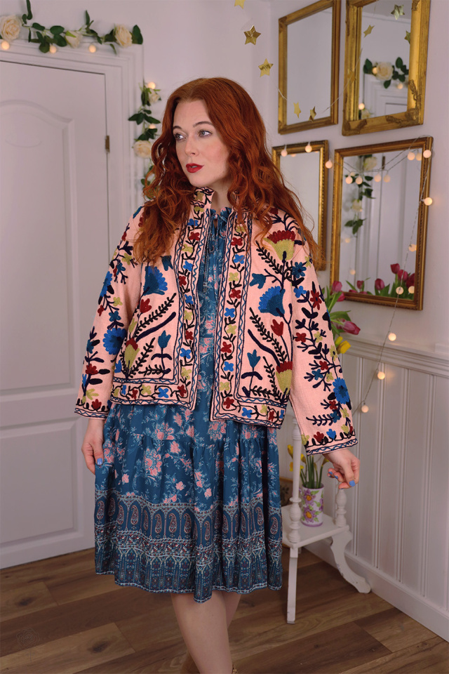 Pink Suzani Jacket w. Blue Flowers | S/M