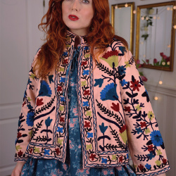 Pink Suzani Jacket w. Blue Flowers | S/M
