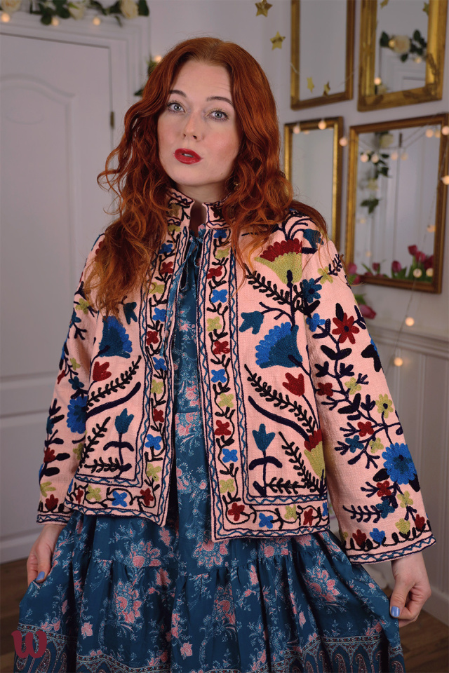 Pink Suzani Jacket w. Blue Flowers | S/M